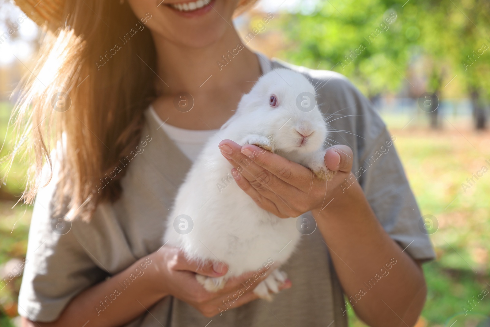 Photo of Happy woman holding cute white rabbit in park, closeup