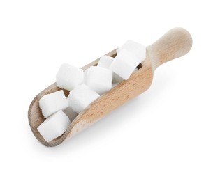 Photo of Sugar cubes in wooden scoop isolated on white