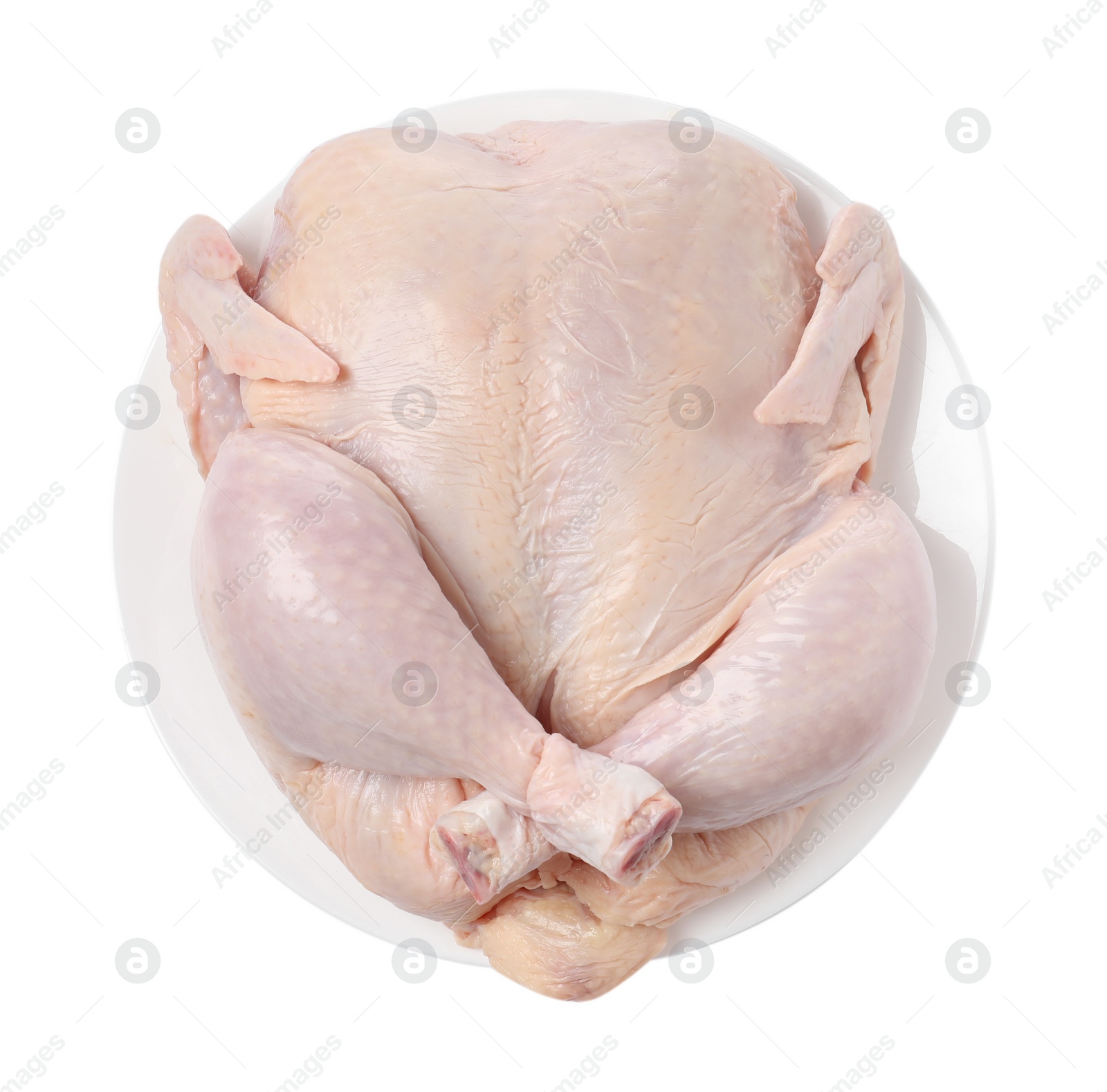 Photo of One fresh raw chicken isolated on white, top view
