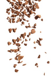 Photo of Pouring aromatic instant coffee on white background