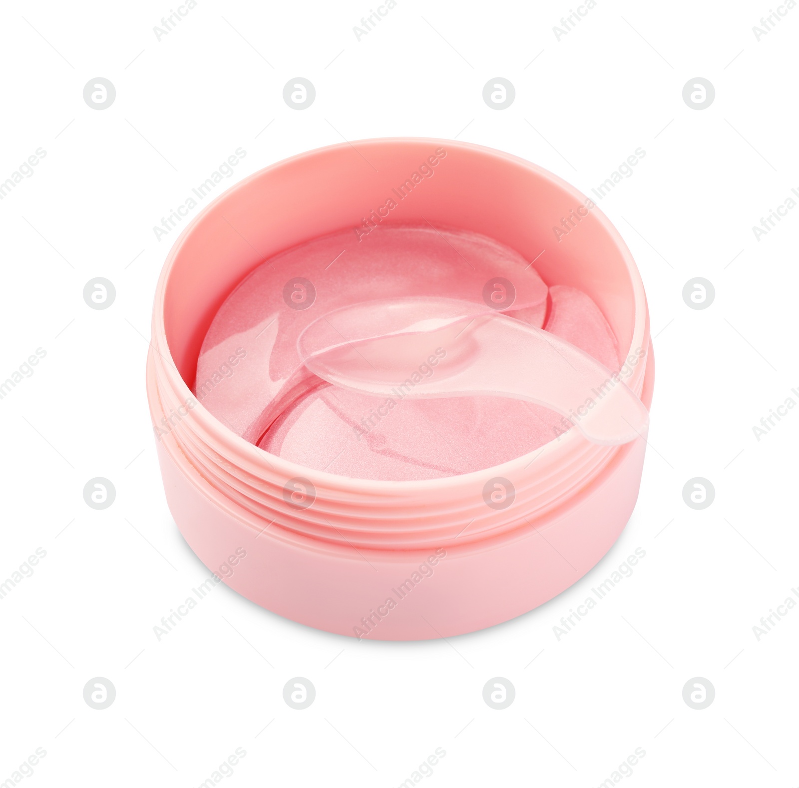 Photo of jar of under eye patches with spoon isolated on white. Cosmetic product