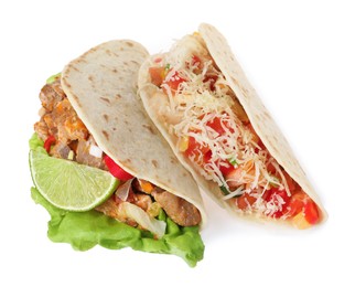 Photo of Delicious tacos with meat, vegetables and slice of lime isolated on white