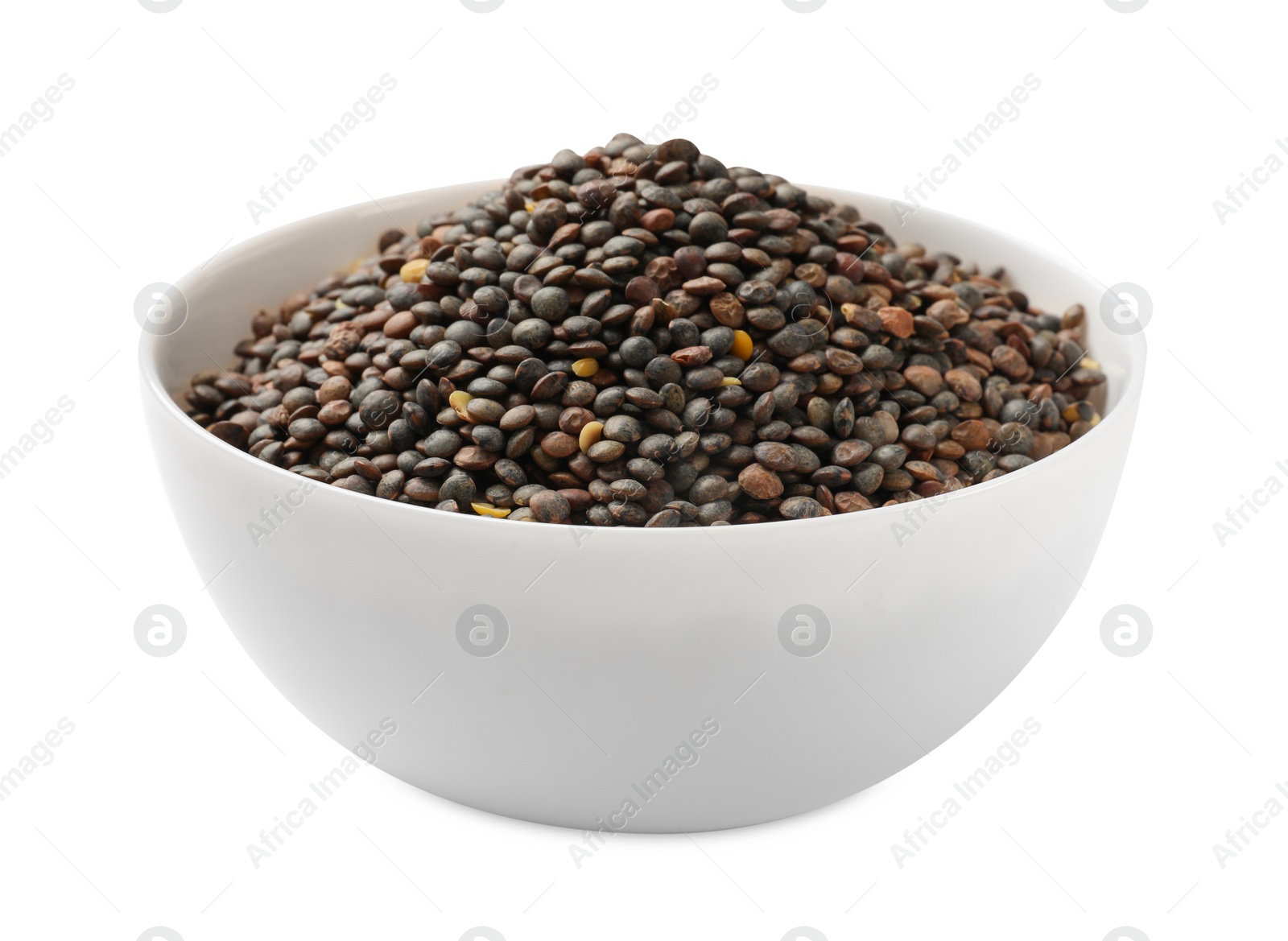 Photo of Raw lentils in bowl isolated on white