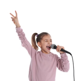 Photo of Cute funny girl with microphone on white background