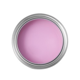 Photo of Can with pink paint on white background, top view
