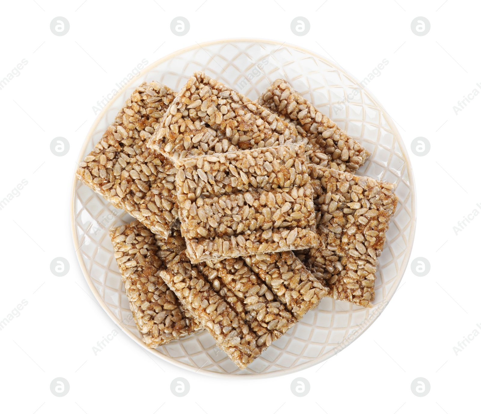 Photo of Delicious sweet kozinaki bars on white background, top view