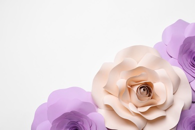 Photo of Different beautiful flowers made of paper on white background, flat lay. Space for text