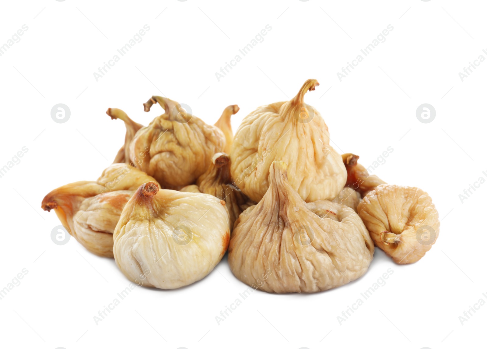 Photo of Pile of tasty dried figs isolated on white