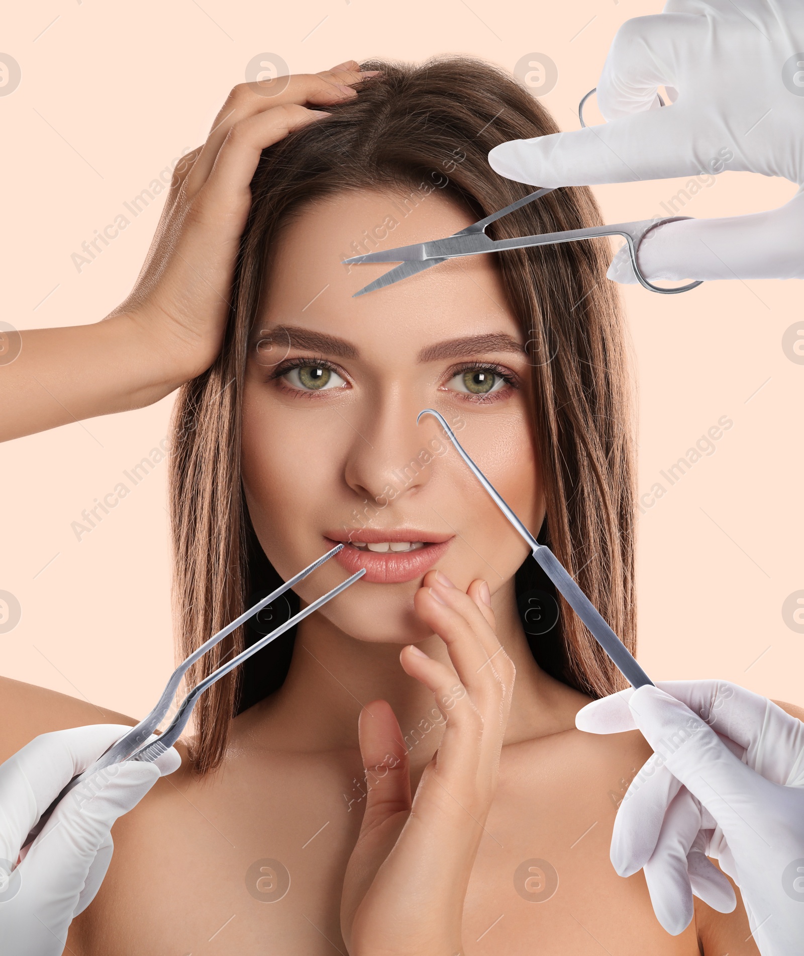 Image of Doctors with different instruments and young woman on beige background, collage. Concept of plastic surgery 