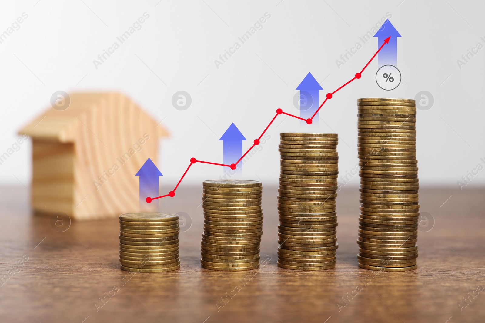 Image of Mortgage rate. Stacked coins, arrows, graph, percent sign and model of house