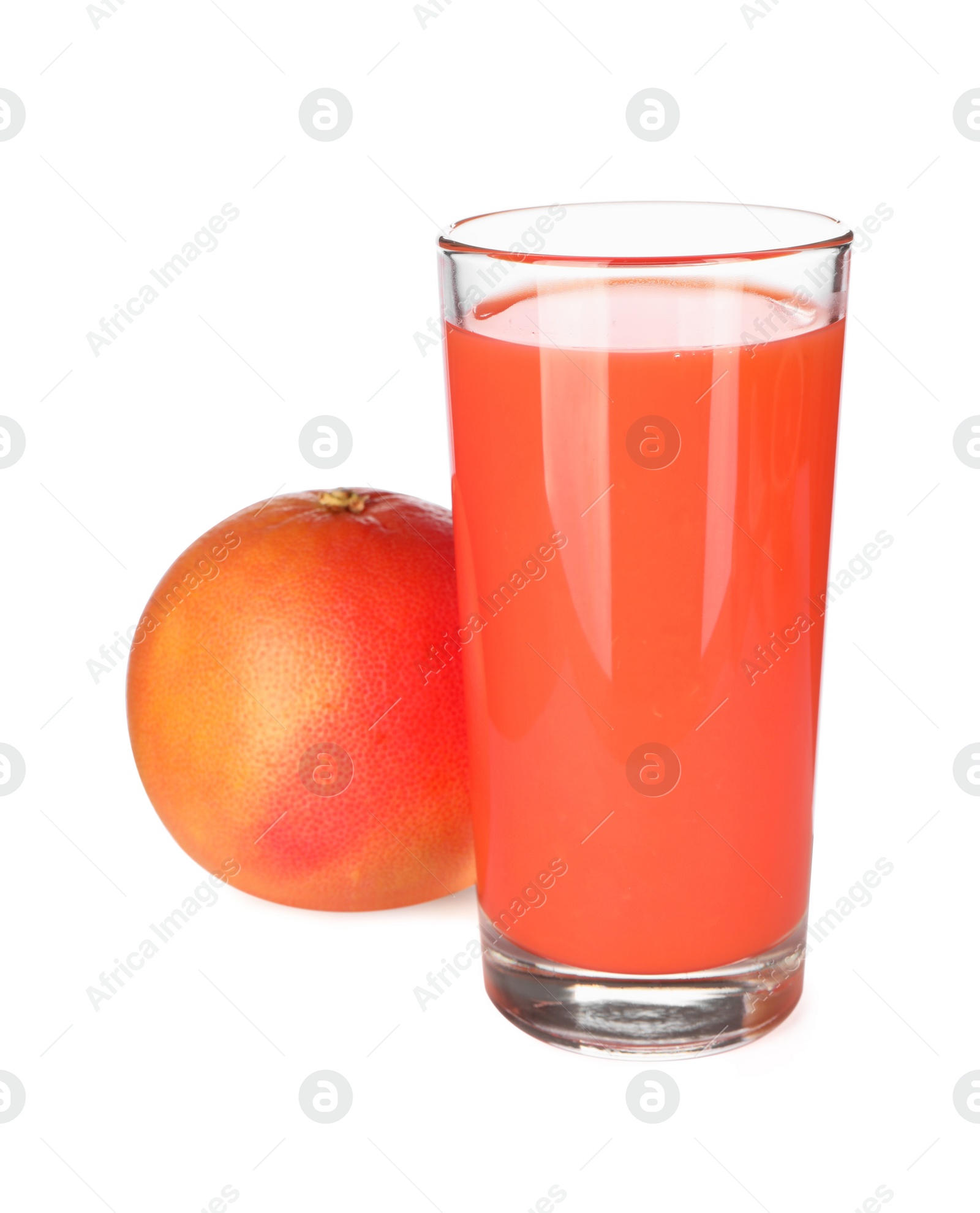 Photo of Tasty grapefruit juice in glass and fresh fruit isolated on white