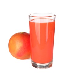 Photo of Tasty grapefruit juice in glass and fresh fruit isolated on white