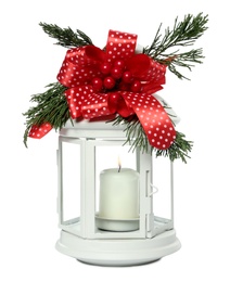 Photo of Decorative Christmas lantern with candle isolated on white