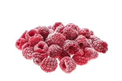 Photo of Heap of tasty frozen raspberries on white background