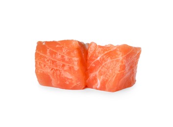 Pieces of fresh raw salmon on white background