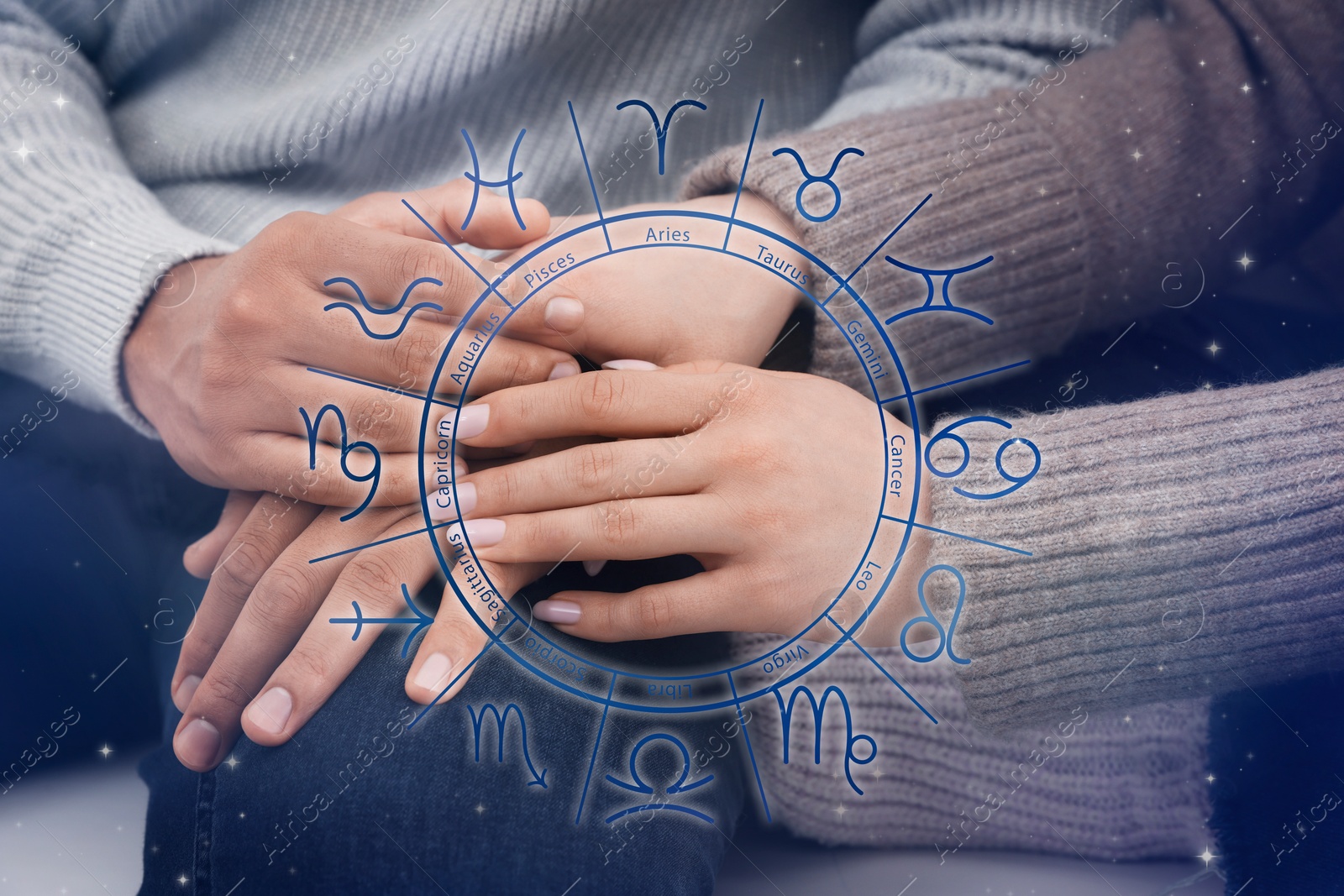 Image of Relationships and horoscope. Zodiac wheel and photo of man and woman holding hands, closeup