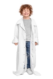 Photo of Full length portrait of little boy in medical uniform on white background