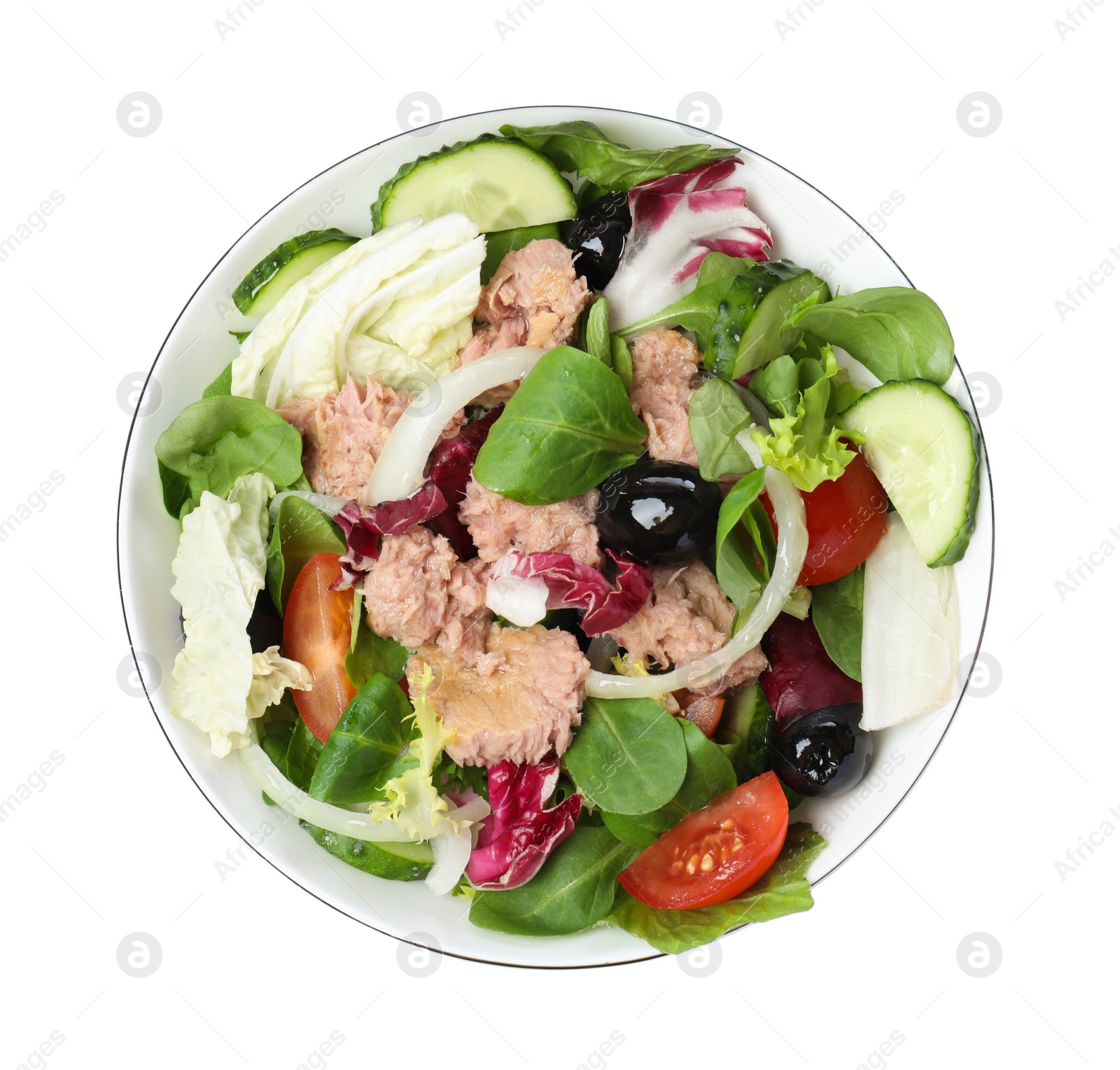 Photo of Bowl of delicious salad with canned tuna and vegetables on white background, top view