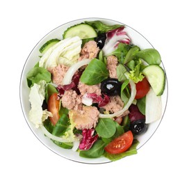 Photo of Bowl of delicious salad with canned tuna and vegetables on white background, top view