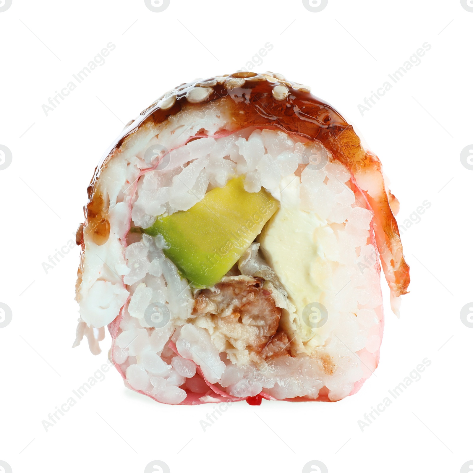 Photo of Delicious fresh sushi roll isolated on white