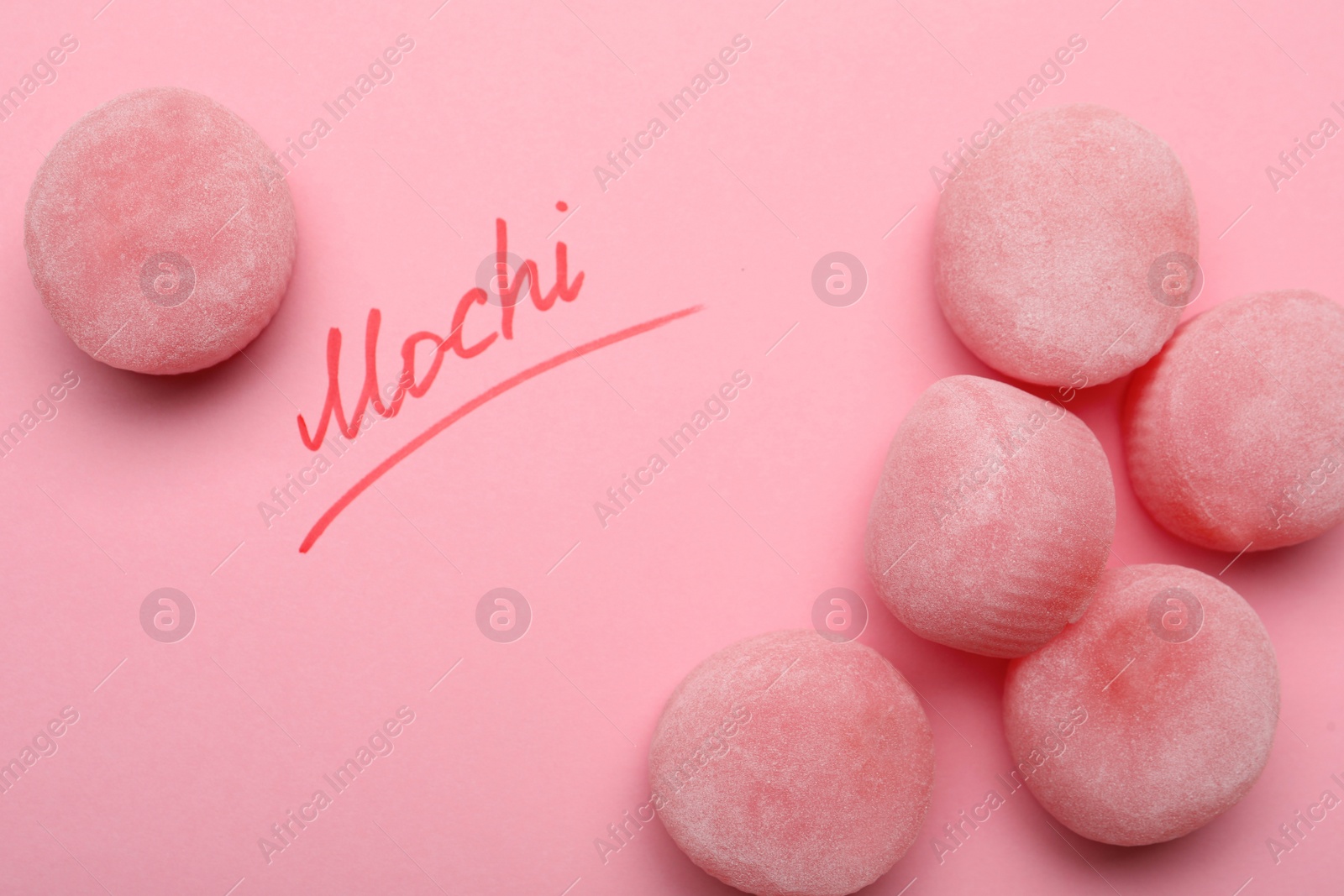 Photo of Flat lay composition with delicious mochi on pink background. Traditional Japanese dessert