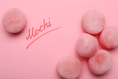 Photo of Flat lay composition with delicious mochi on pink background. Traditional Japanese dessert