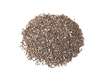 Pile of chia seeds on white background, top view. Vegetable planting