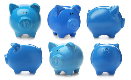 Image of Set with blue piggy bank on white background