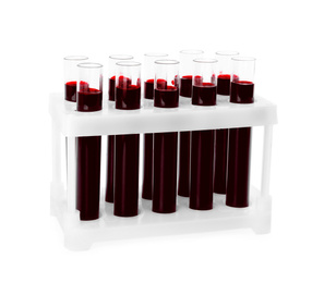 Test tubes with blood samples in rack on white background. Laboratory analysis