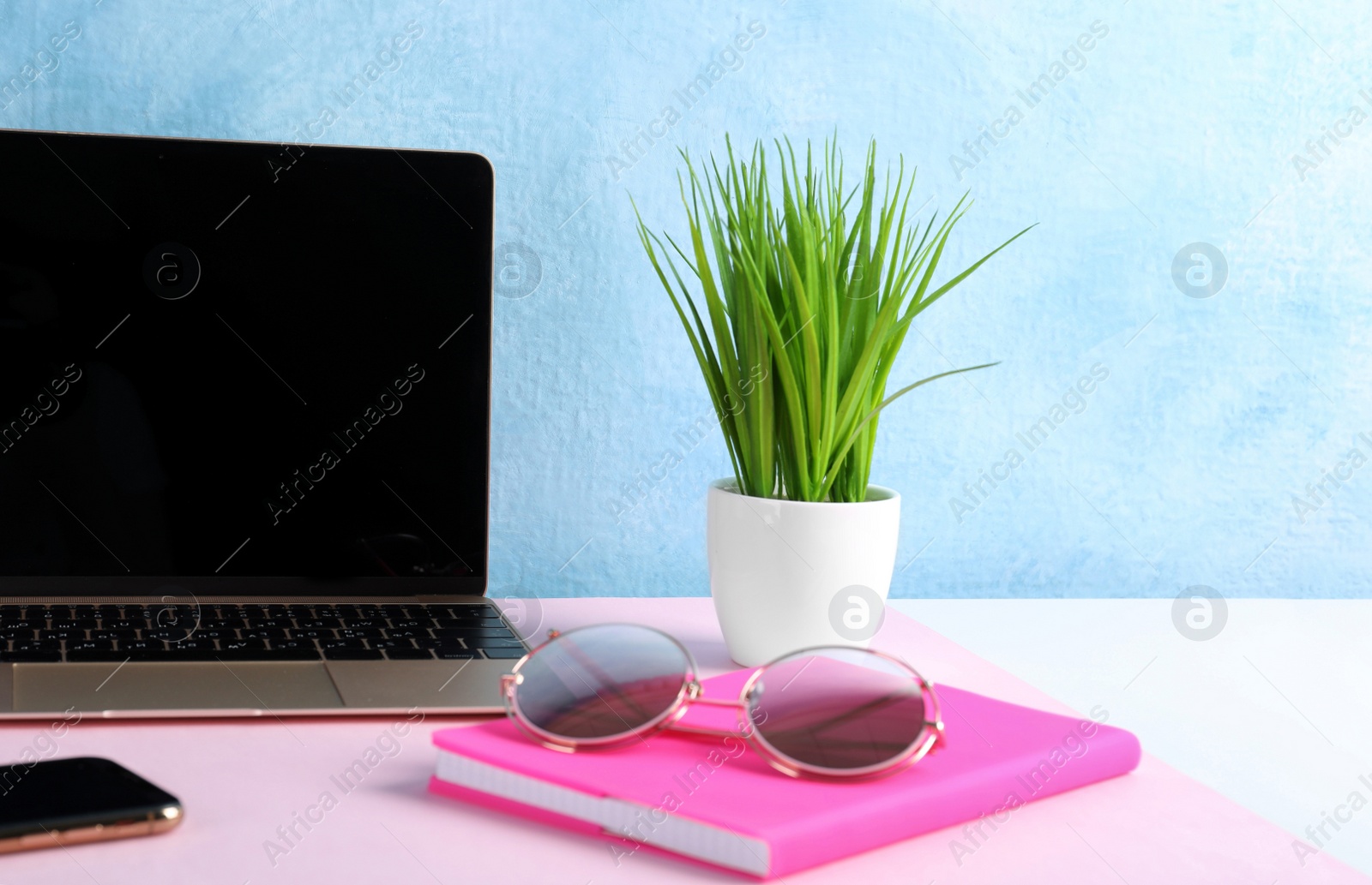 Photo of Comfortable workplace with modern laptop and plant near light blue wall. Space for design