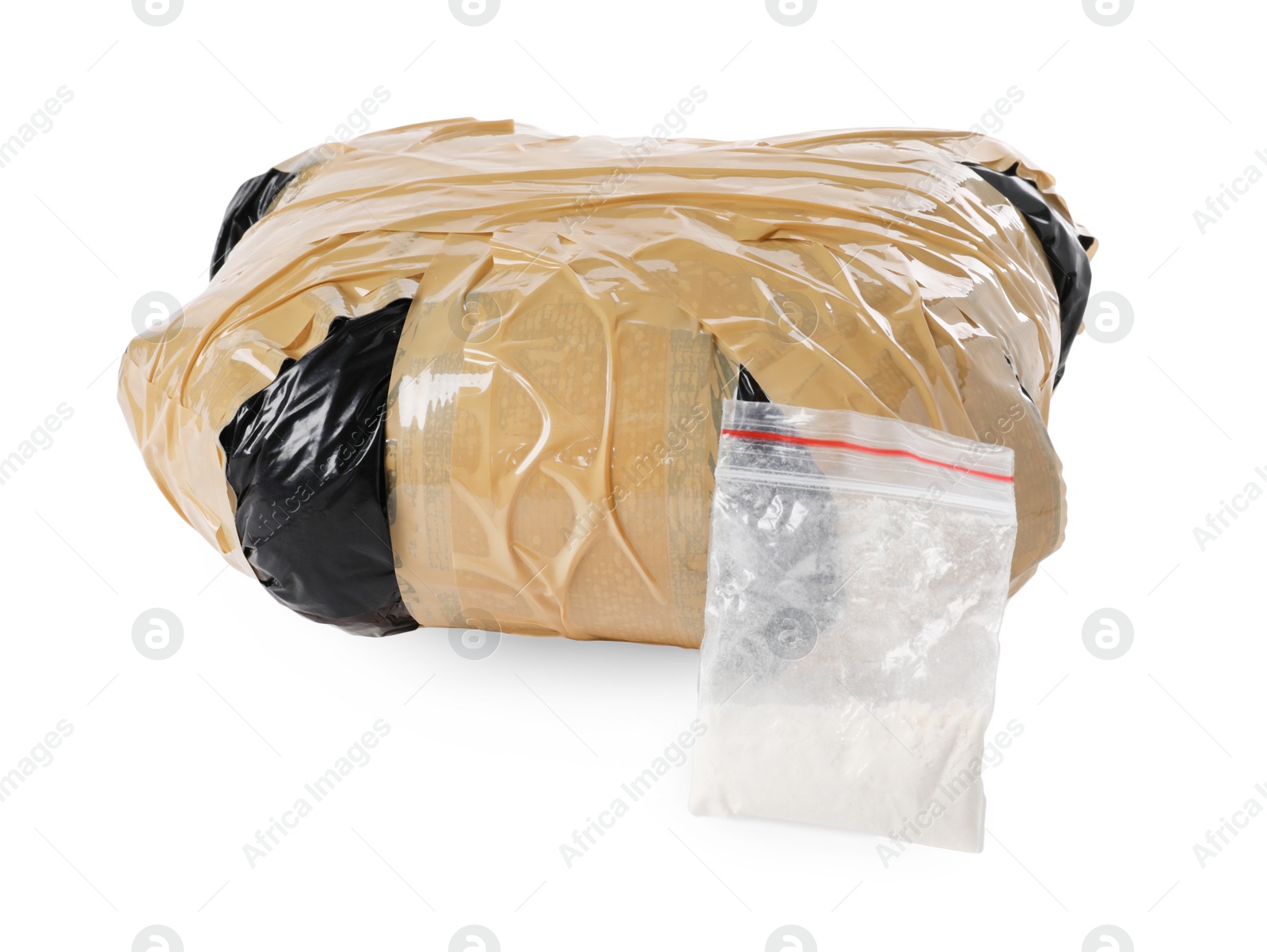 Photo of Packages with narcotics isolated on white. Drug addiction