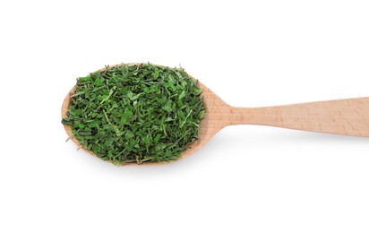 Photo of Wooden spoon of dried parsley isolated on white, top view