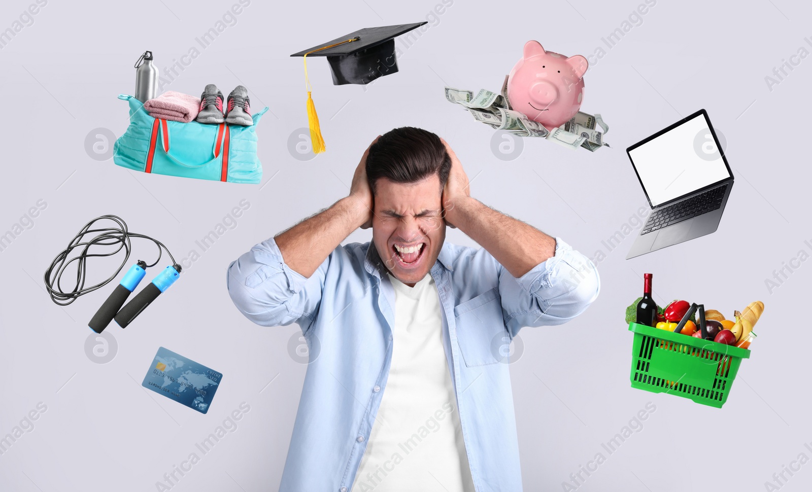 Image of Overwhelmed man and different objects around him on light grey background