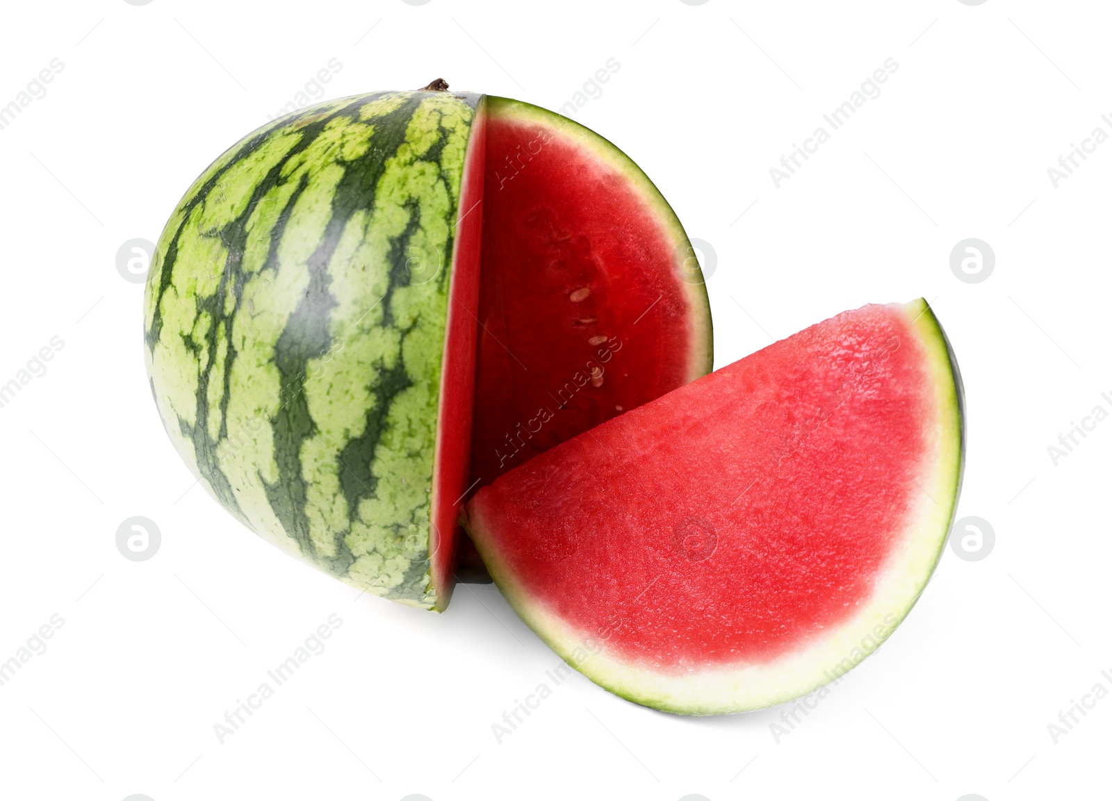 Photo of Delicious cut ripe watermelons on white background