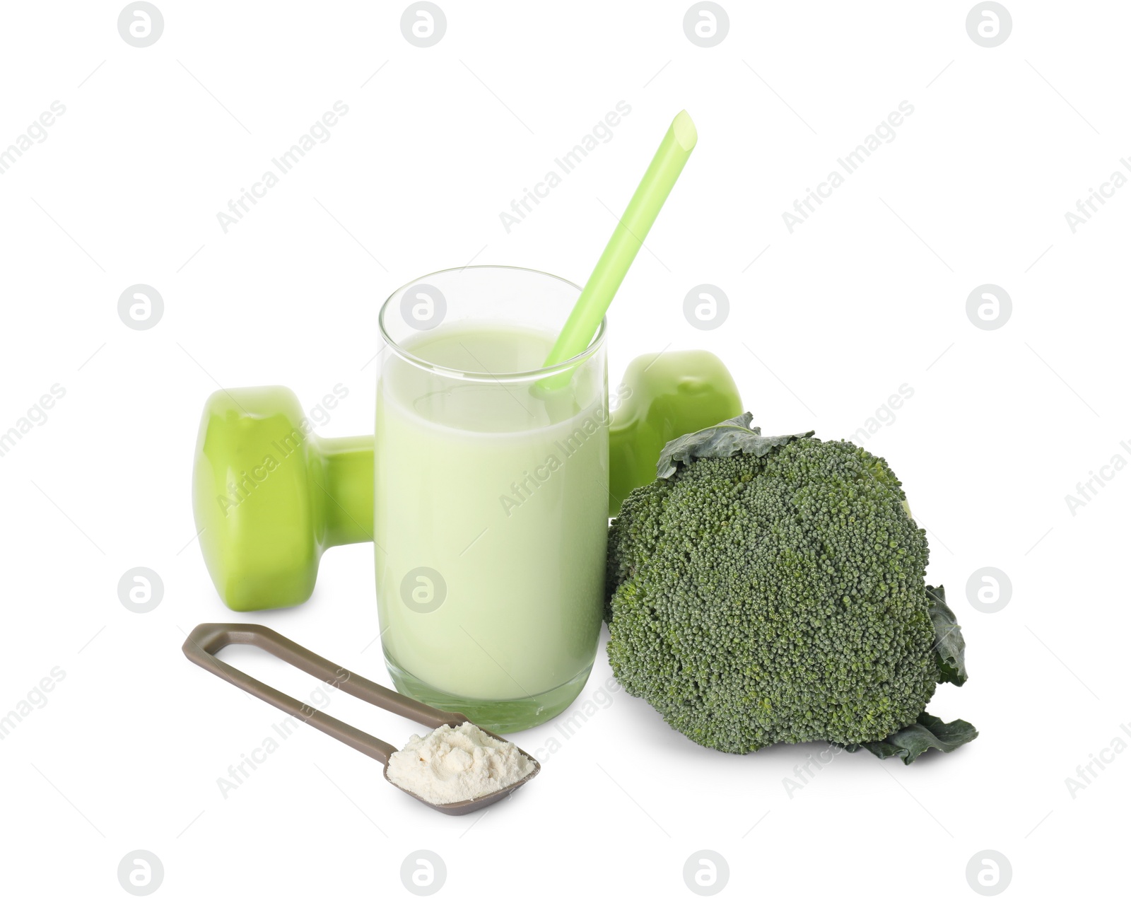 Photo of Tasty shake, broccoli, dumbbell and powder isolated on white. Weight loss