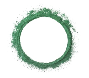 Photo of Round frame made of spirulina algae powder isolated on white, top view. Space for text