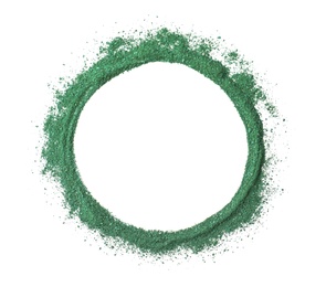 Round frame made of spirulina algae powder isolated on white, top view. Space for text