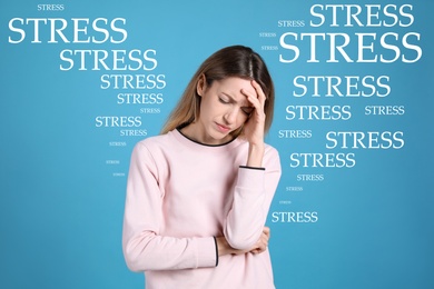 Stressed young woman and text on blue background