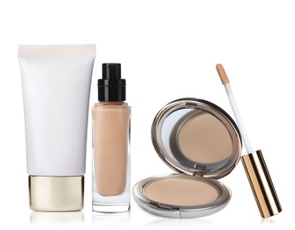 Image of Set with different decorative cosmetics on white background. Luxurious makeup products 