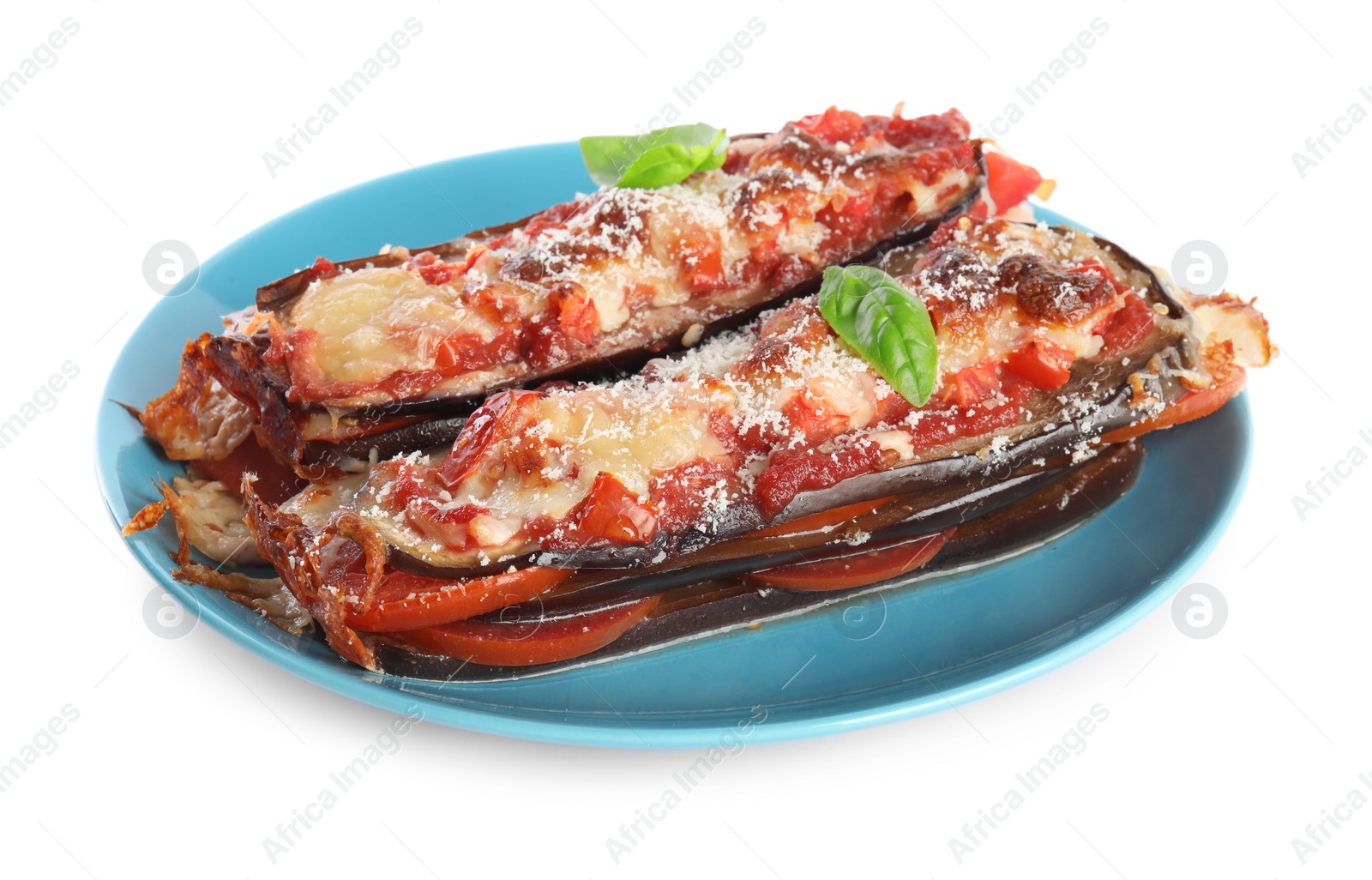 Photo of Baked eggplant with tomatoes, cheese and basil in plate isolated on white