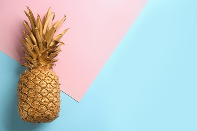 Golden pineapple on color background, top view with space for text. Creative concept