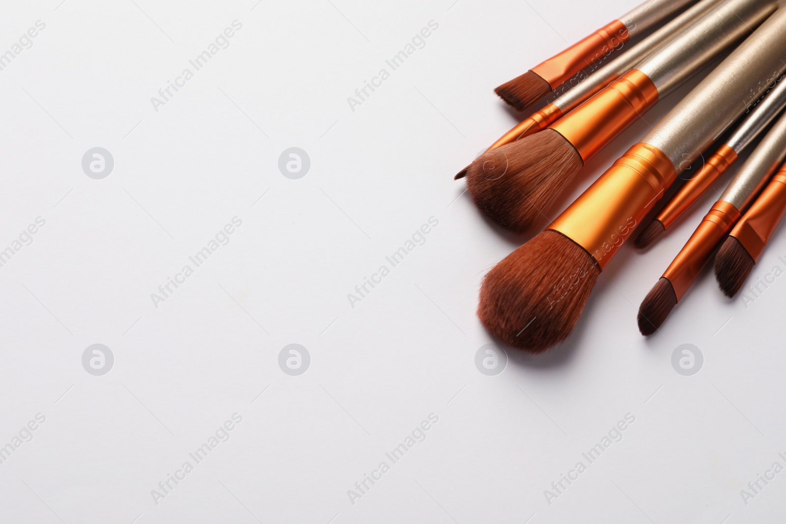 Photo of Set of makeup brushes on white background, space for text