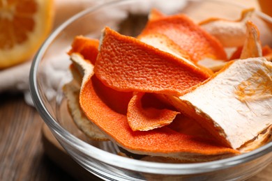 Photo of Dry orange peels on wooden table, closeup