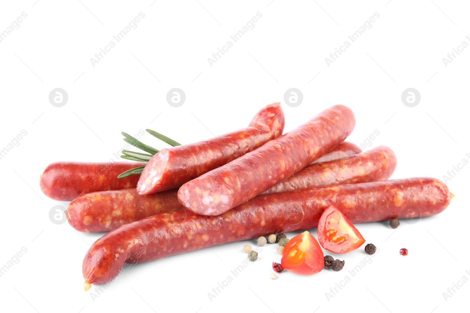 Photo of Tasty sausages on white background. Meat product