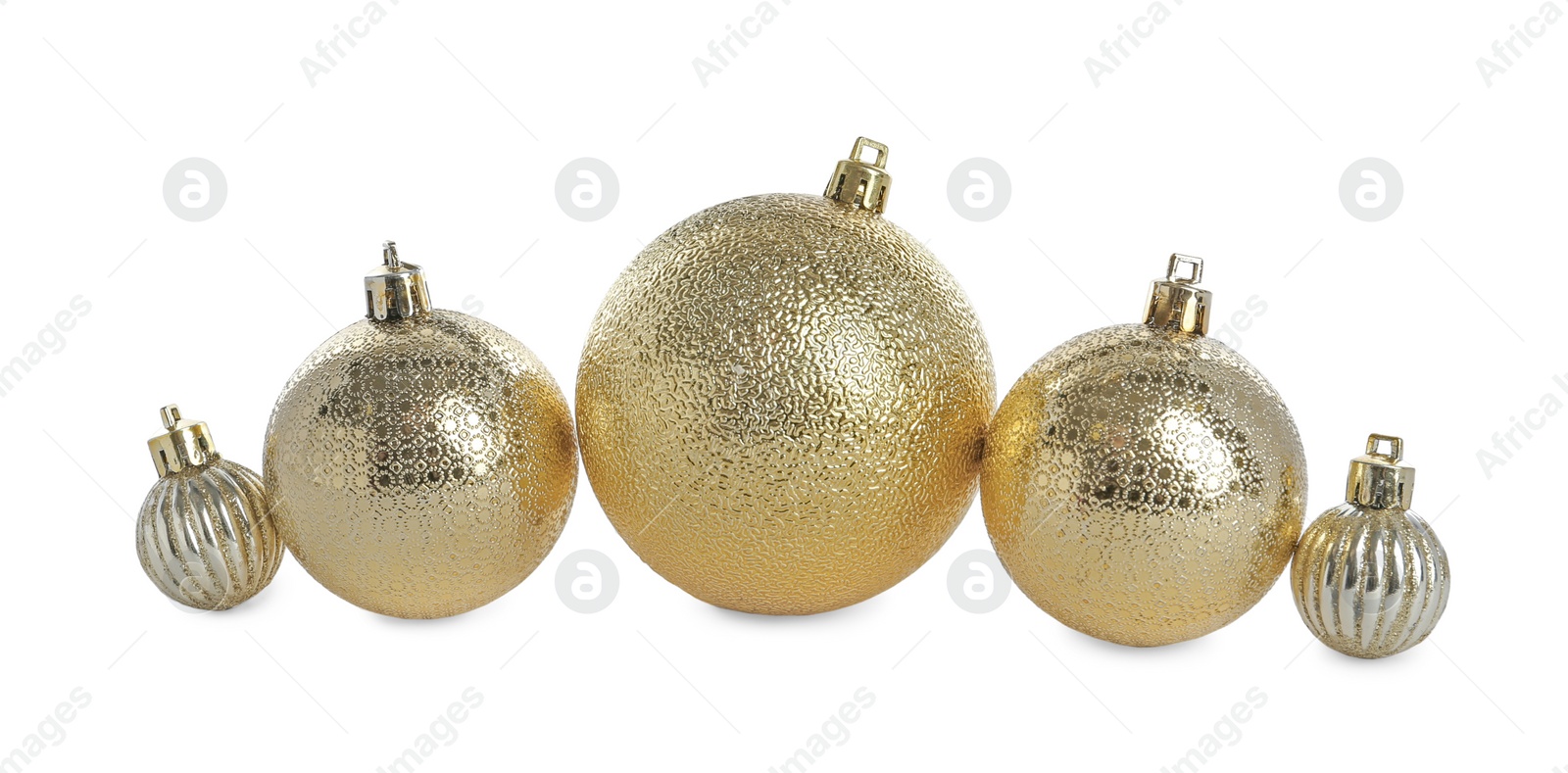 Photo of Set of beautiful shiny golden Christmas balls on white background