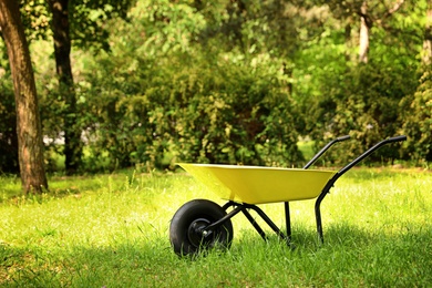 Photo of Wheelbarrow on grass outside, space for text. Gardening tool