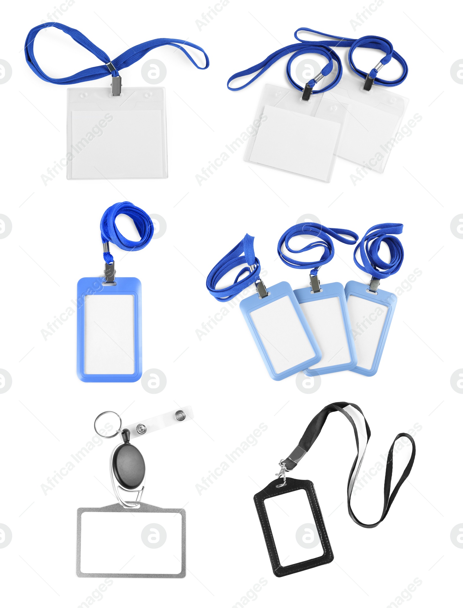 Image of Set with blank badges on white background. Mockup for design