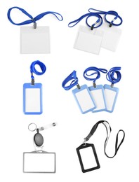 Image of Set with blank badges on white background. Mockup for design