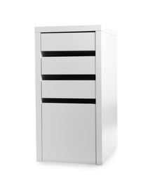 Stylish drawer unit with wheels isolated on white