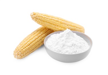 Photo of Bowl of corn starch and ripe cobs on white background